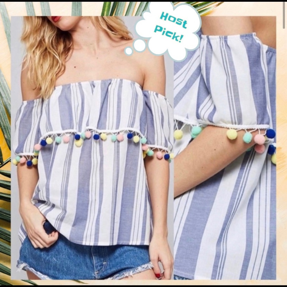 Promesa Striped Off Shoulder Top with Pom Poms.